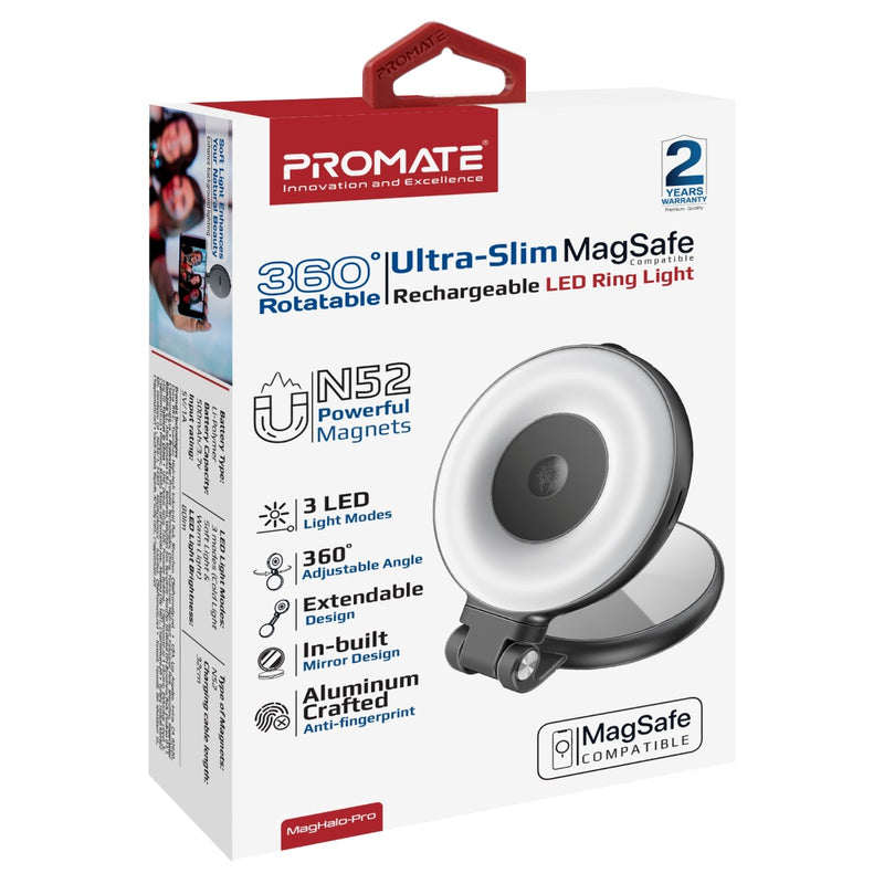 Promate Technologies - 360° Rotatable Ultra-Slim MagSafe Compatible Rechargeable LED Ring Lig