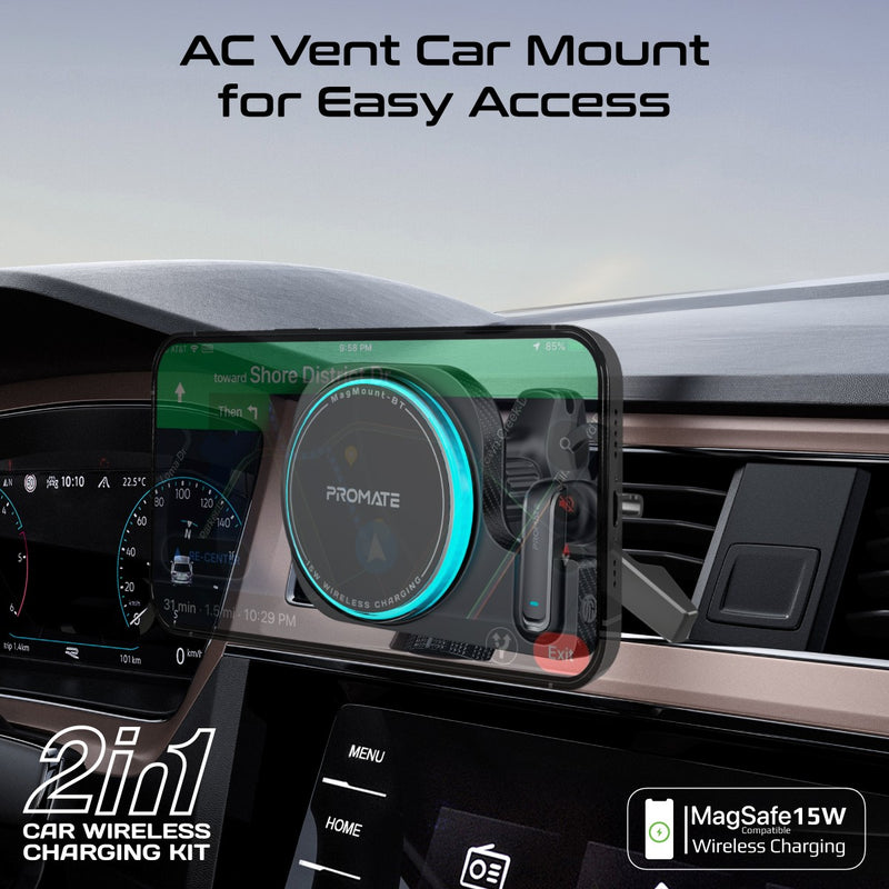 Promate Technologies - 2-in-1 MagSafe Compatible 15W Wireless Car Charger with Built-in Wirel