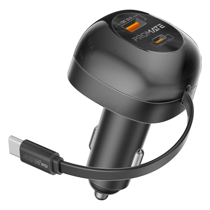 Promate Technologies - 62W Multi-Port Car Charger with Retractable USB-C Cable