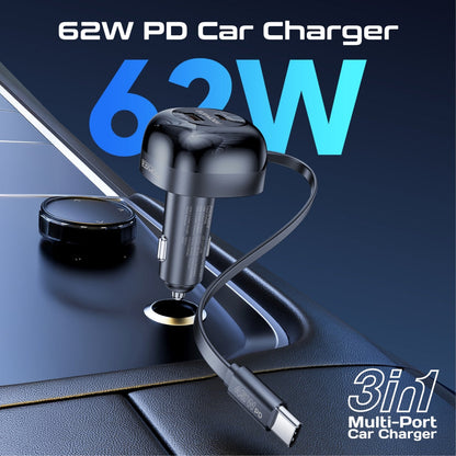 Promate Technologies - 62W Multi-Port Car Charger with Retractable USB-C Cable