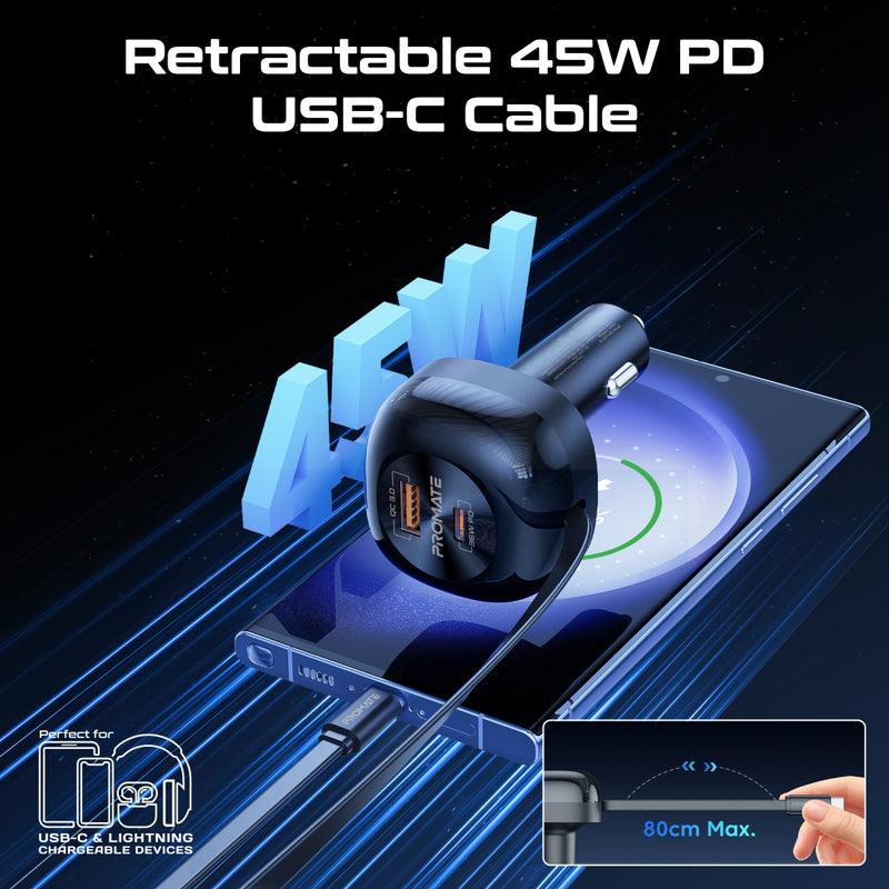 Promate Technologies - 62W Multi-Port Car Charger with Retractable USB-C Cable