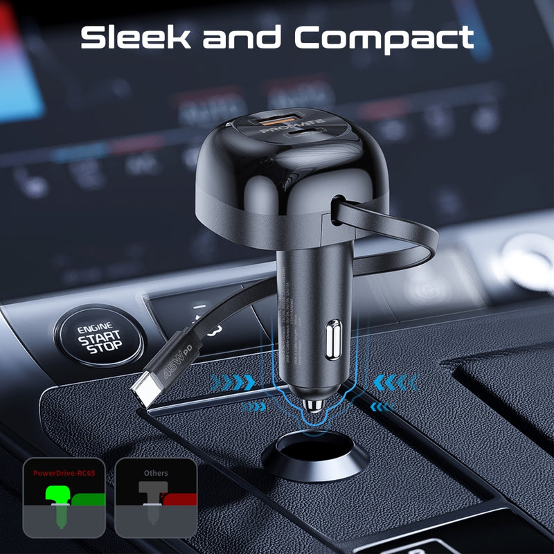 Promate Technologies - 62W Multi-Port Car Charger with Retractable USB-C Cable