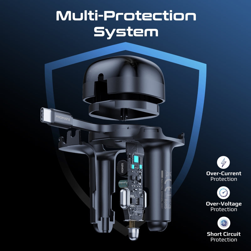Promate Technologies - 62W Multi-Port Car Charger with Retractable USB-C Cable