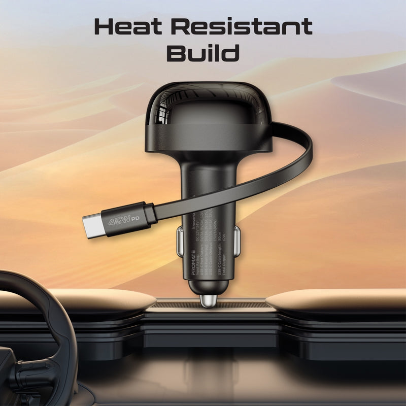 Promate Technologies - 62W Multi-Port Car Charger with Retractable USB-C Cable