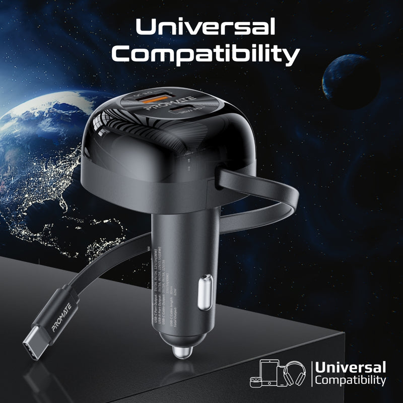 Promate Technologies - 62W Multi-Port Car Charger with Retractable USB-C Cable