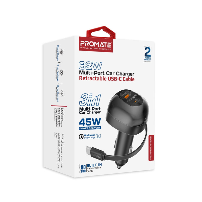Promate Technologies - 62W Multi-Port Car Charger with Retractable USB-C Cable