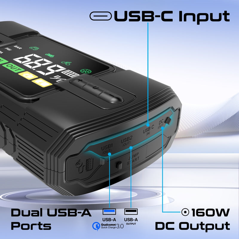 Promate Technologies - 1200A/12V High-Capacity Jump Starter 150PSI Air Compressor with 12000m