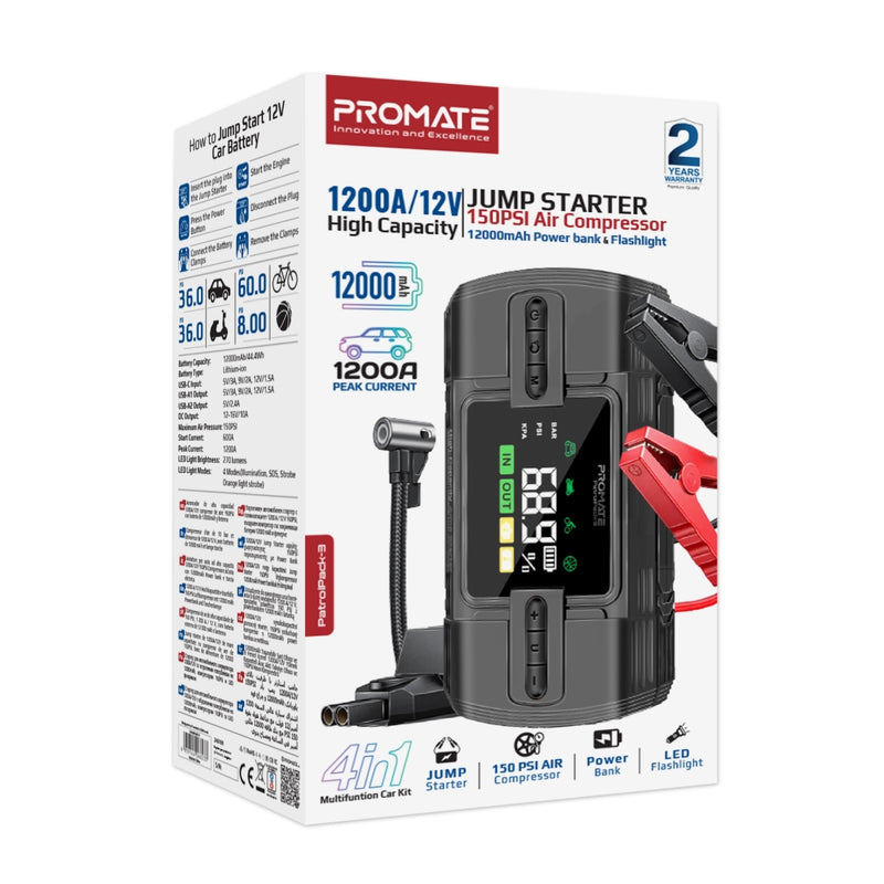 Promate Technologies - 1200A/12V High-Capacity Jump Starter 150PSI Air Compressor with 12000m