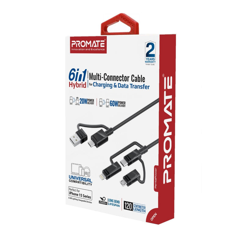Promate Technologies - 6-in-1 Hybrid Multi-Connector cable for Charging & Data Transfer