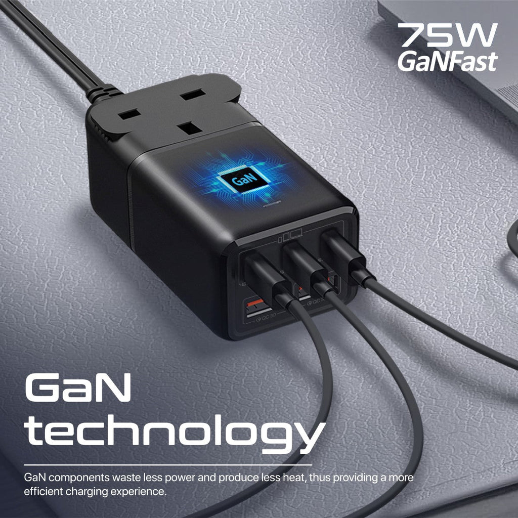 75W GaNFast Multi-Port Power Strip with AC Socket