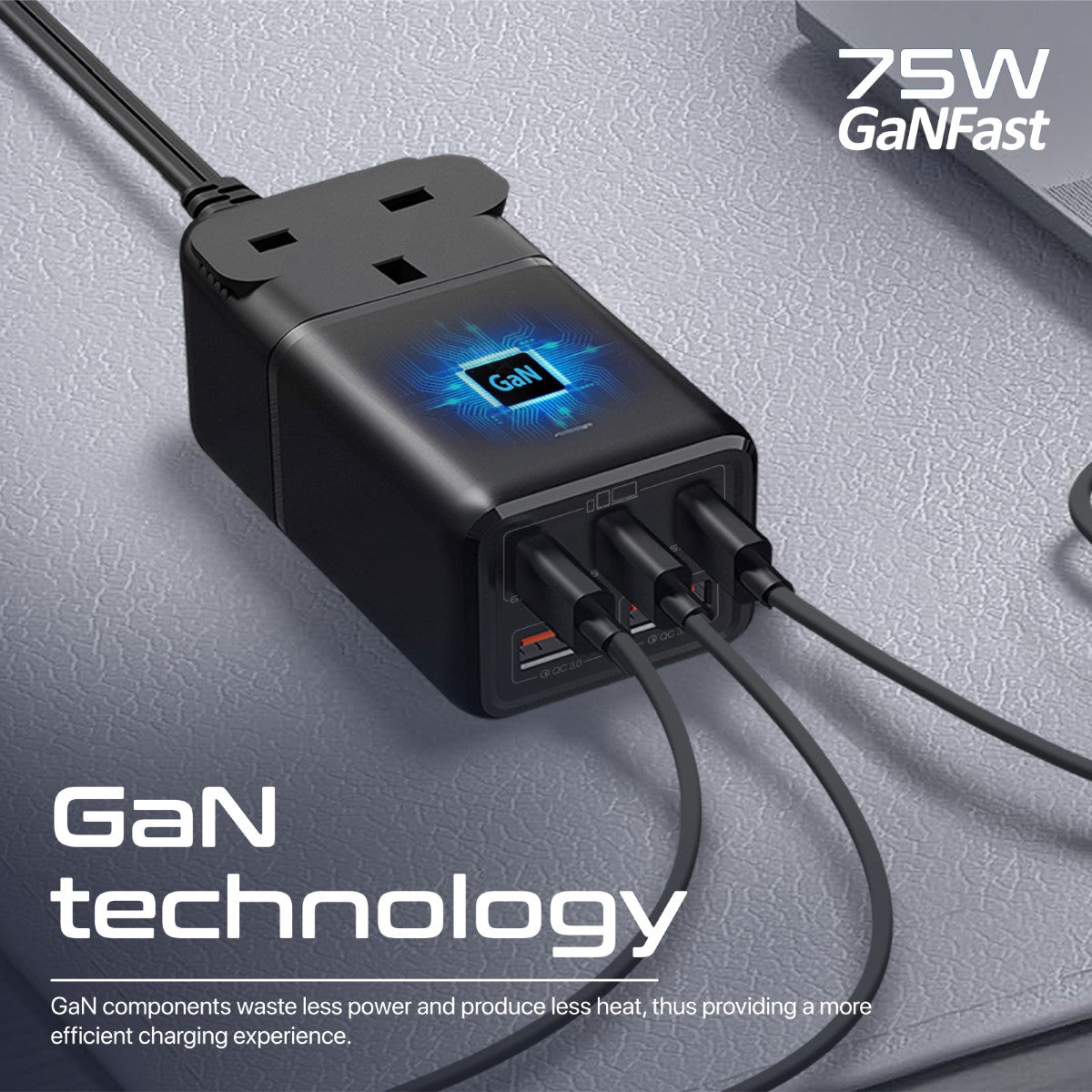 75W GaNFast Multi-Port Power Strip with AC Socket