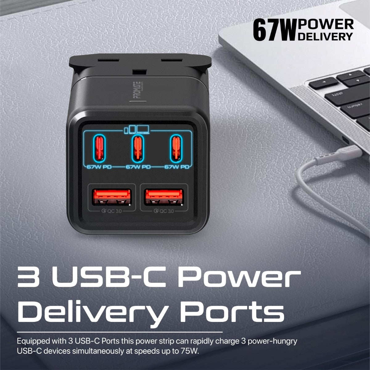 75W GaNFast Multi-Port Power Strip with AC Socket