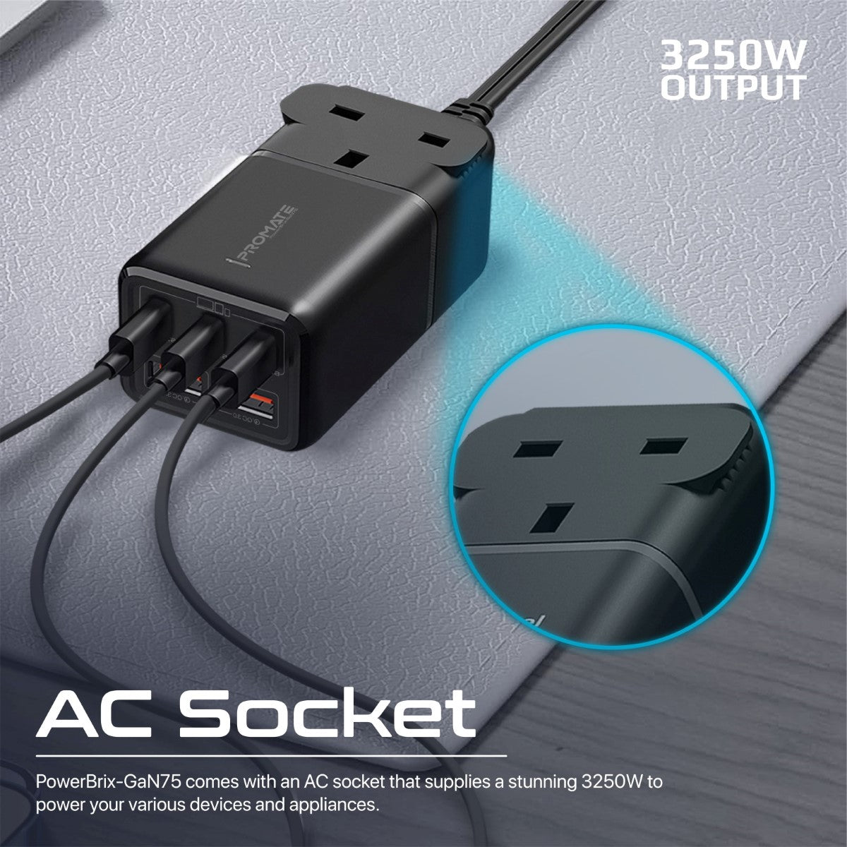 75W GaNFast Multi-Port Power Strip with AC Socket