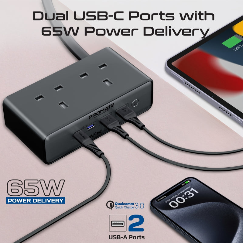 Promate Technologies -  65W Power Delivery GaNFast™ Charging Station with 3250W Dual AC Socket