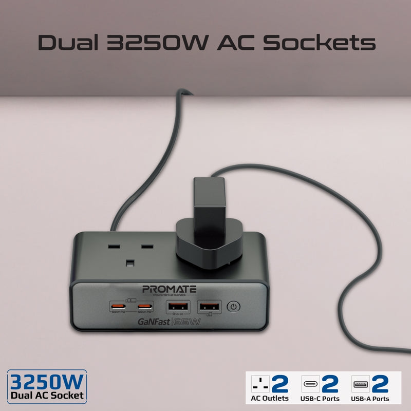 Promate Technologies -  65W Power Delivery GaNFast™ Charging Station with 3250W Dual AC Socket