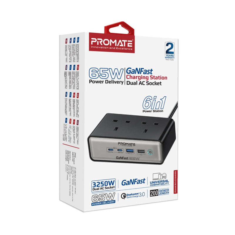 Promate Technologies -  65W Power Delivery GaNFast™ Charging Station with 3250W Dual AC Socket
