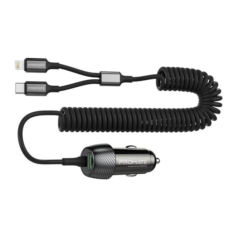 Promate Technologies - 33W Car Charger with Lightning Connector & USB-C Cable