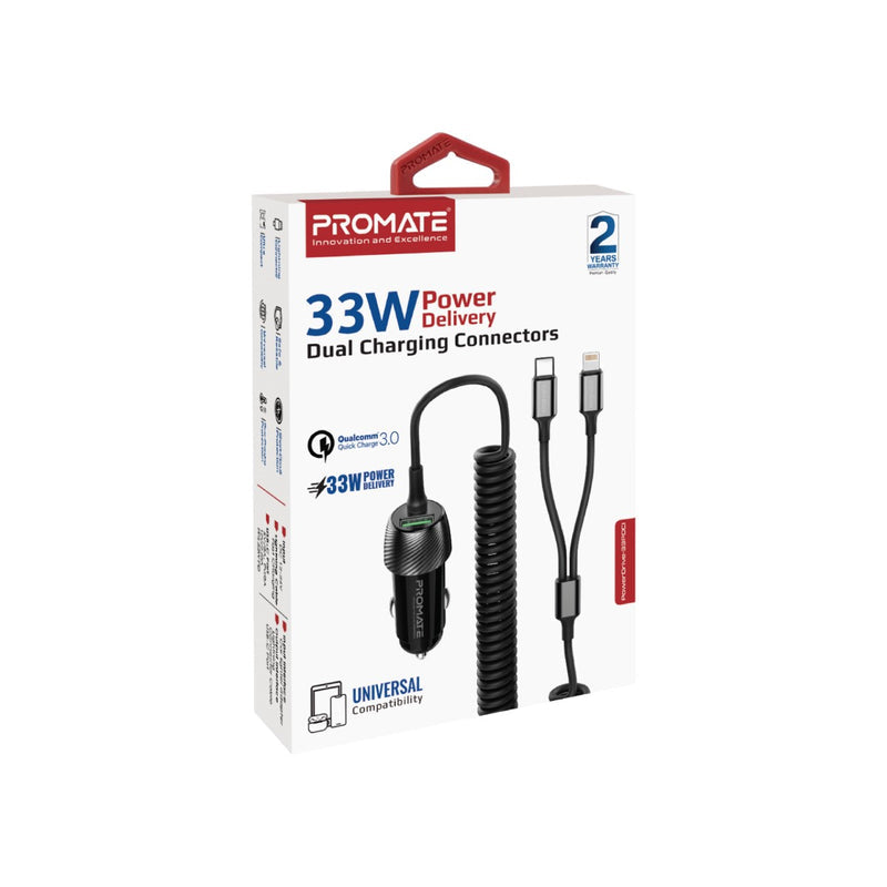Promate Technologies - 33W Car Charger with Lightning Connector & USB-C Cable