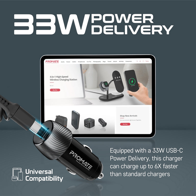 Promate Technologies - 33W Quick Charging Car Charger with Lightning Connector Cable