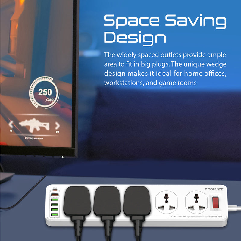 Promate Technologies -  10AC Socket Space Efficient Power Strip with USB Ports