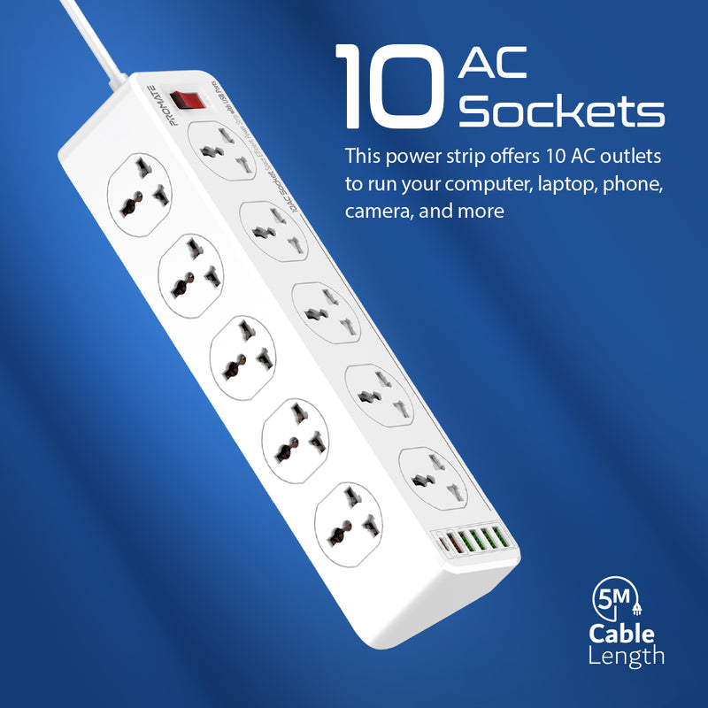 Promate Technologies -  10AC Socket Space Efficient Power Strip with USB Ports