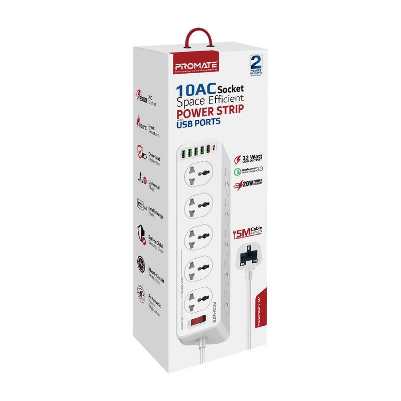 Promate Technologies -  10AC Socket Space Efficient Power Strip with USB Ports