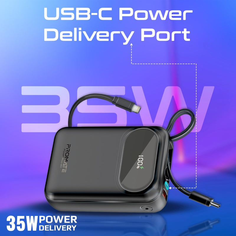 Promate Technologies - Ultra Compact 35W SuperSpeed™ Power Bank with Built-In USB-C & Lightni