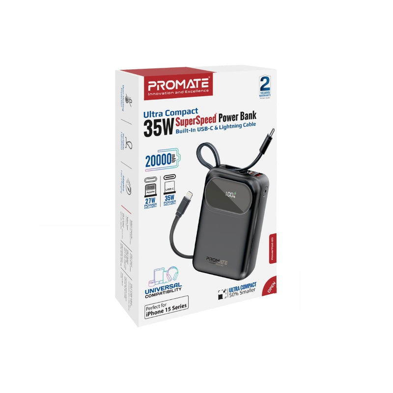 Promate Technologies - Ultra Compact 35W SuperSpeed™ Power Bank with Built-In USB-C & Lightni
