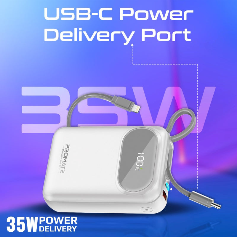 Promate Technologies - Ultra Compact 35W SuperSpeed™ Power Bank with Built-In USB-C & Lightni