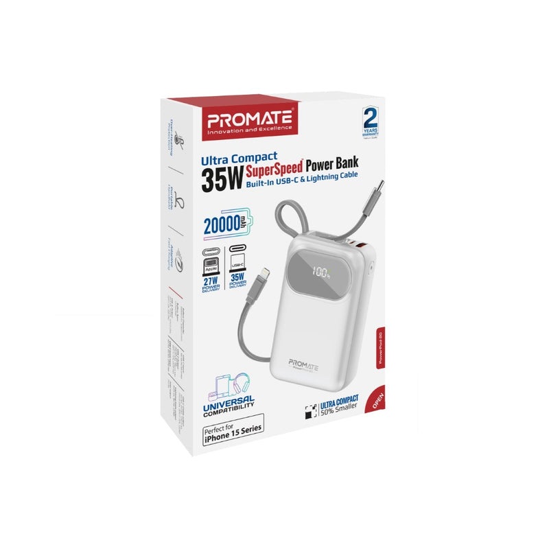 Promate Technologies - Ultra Compact 35W SuperSpeed™ Power Bank with Built-In USB-C & Lightni