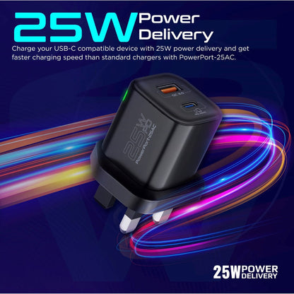Promate Technologies -  Ultra-Fast Dual Port AC Charger with 25W Power Delivery and QC 3.0