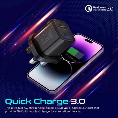 Promate Technologies -  Ultra-Fast Dual Port AC Charger with 25W Power Delivery and QC 3.0