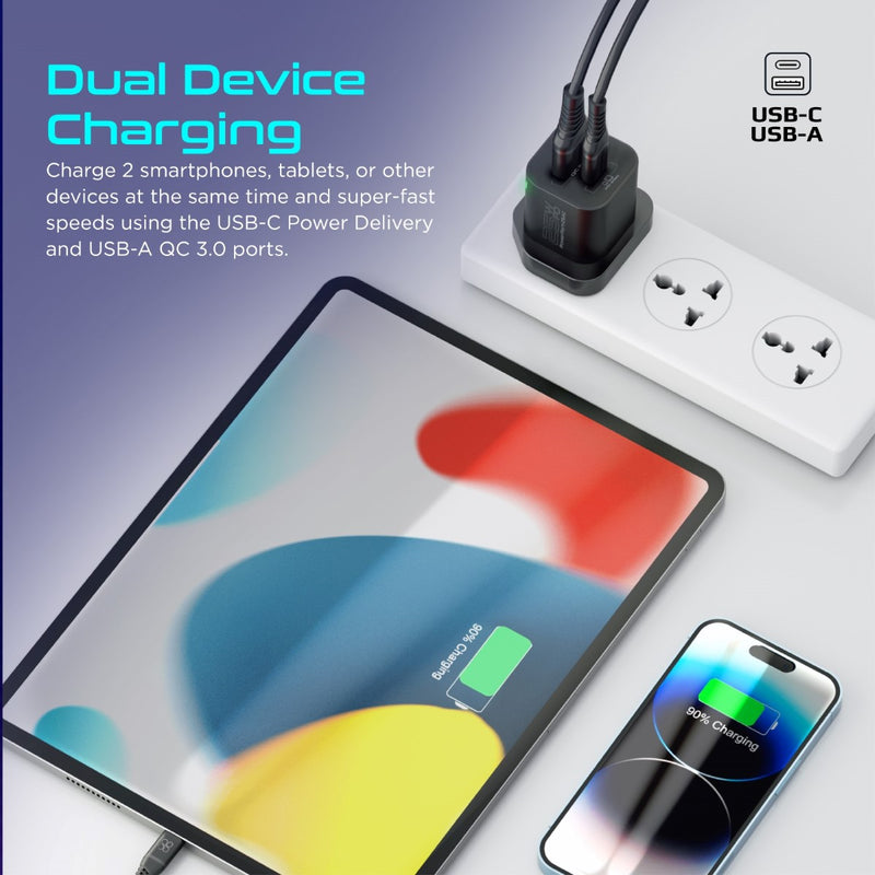 Promate Technologies -  Ultra-Fast Dual Port AC Charger with 25W Power Delivery and QC 3.0
