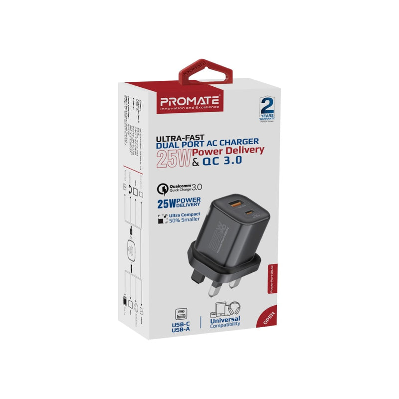 Promate Technologies -  Ultra-Fast Dual Port AC Charger with 25W Power Delivery and QC 3.0