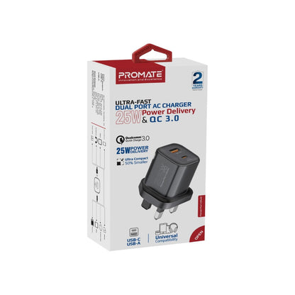 Promate Technologies -  Ultra-Fast Dual Port AC Charger with 25W Power Delivery and QC 3.0