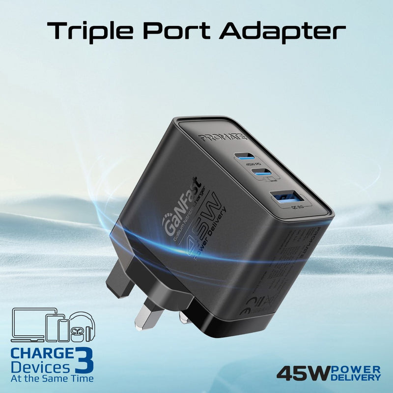 Promate Technologies -  45W Power Delivery GaNFast™ Charger with Quick Charge 3.0