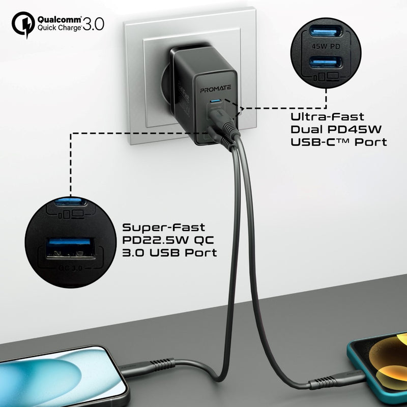 Promate Technologies -  45W Power Delivery GaNFast™ Charger with Quick Charge 3.0
