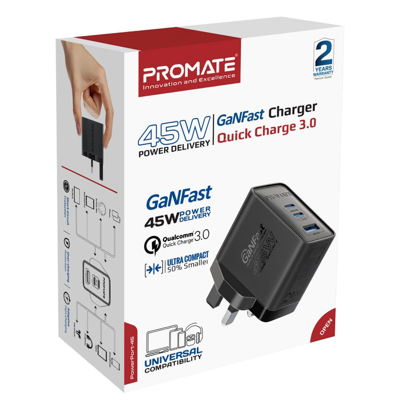 Promate Technologies -  45W Power Delivery GaNFast™ Charger with Quick Charge 3.0
