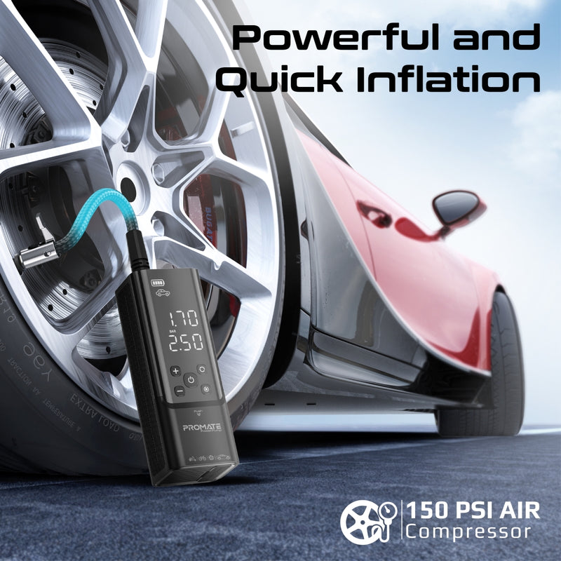 Promate Technologies - 150PSI Portable Air Compressor Power Bank w/ LED Flashlight