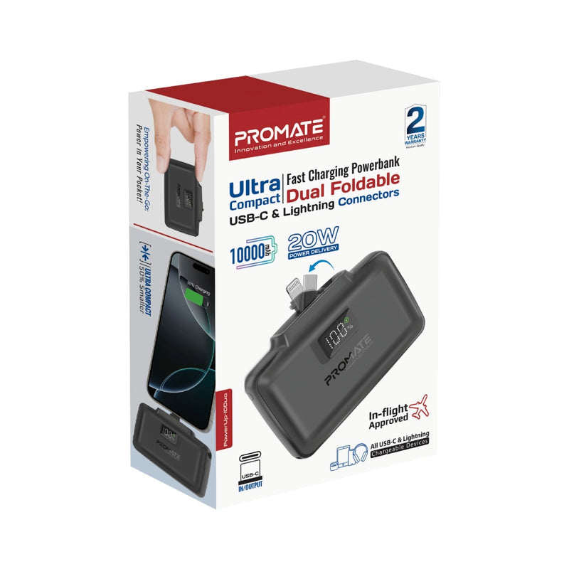 Promate Technologies - Ultra-Compact Fast Charging Power Bank with Dual folding USB-C and Lig