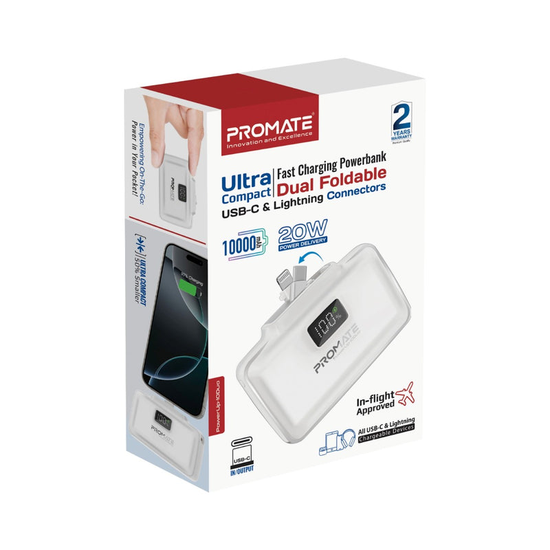 Promate Technologies - Ultra-Compact Fast Charging Power Bank with Dual folding USB-C and Lig