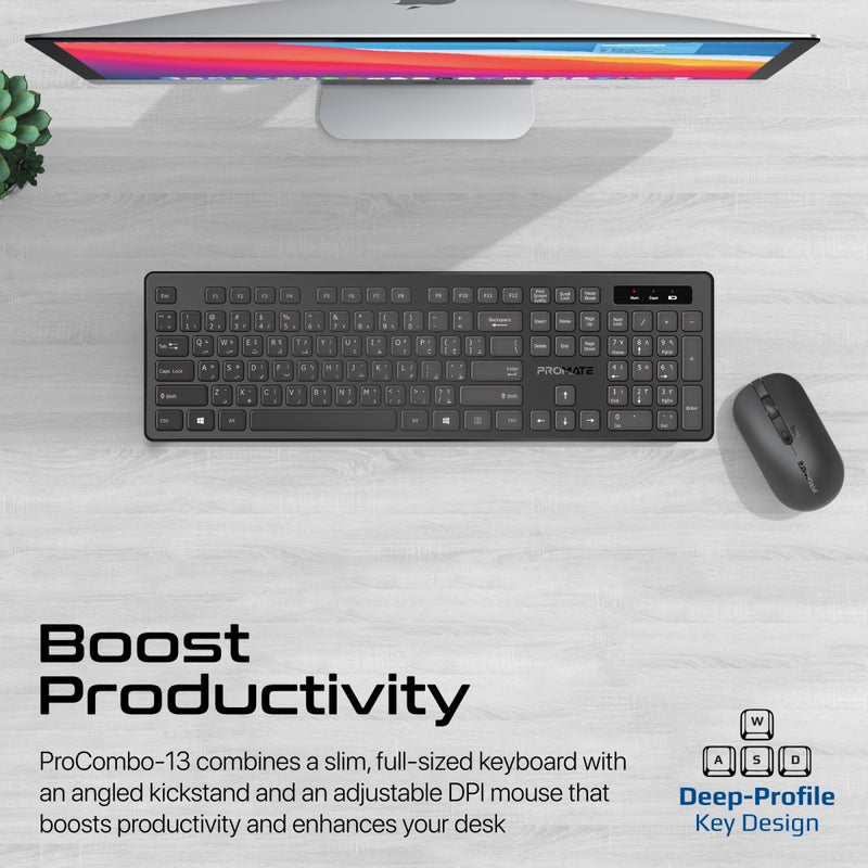 Promate Technologies - Sleek Profile Full-Size Wireless Keyboard and Mouse