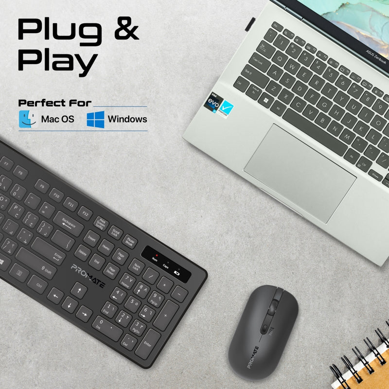 Promate Technologies - Sleek Profile Full-Size Wireless Keyboard and Mouse