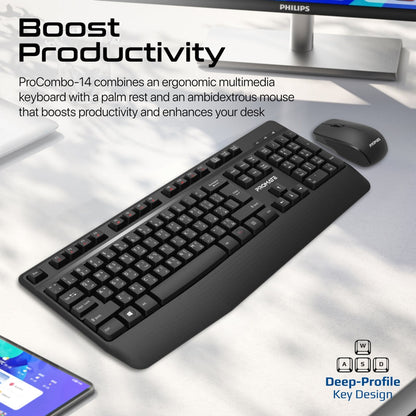 Promate Technologies - Ergonomic Wireless Multimedia Keyboard with Palm Rest and Ambidextrous