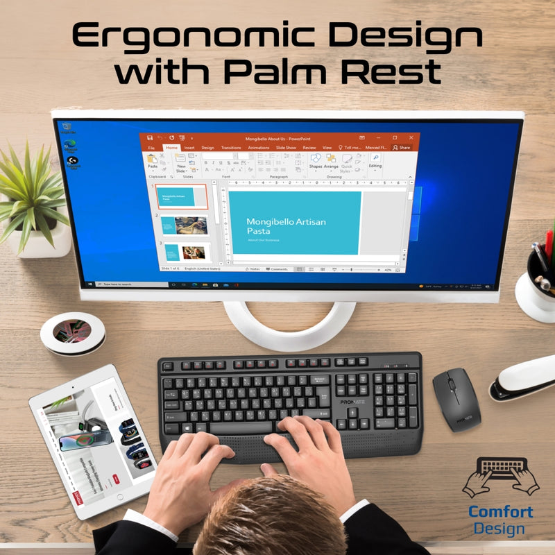 Promate Technologies - Ergonomic Wireless Multimedia Keyboard with Palm Rest and Ambidextrous
