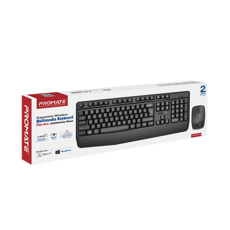 Promate Technologies - Ergonomic Wireless Multimedia Keyboard with Palm Rest and Ambidextrous