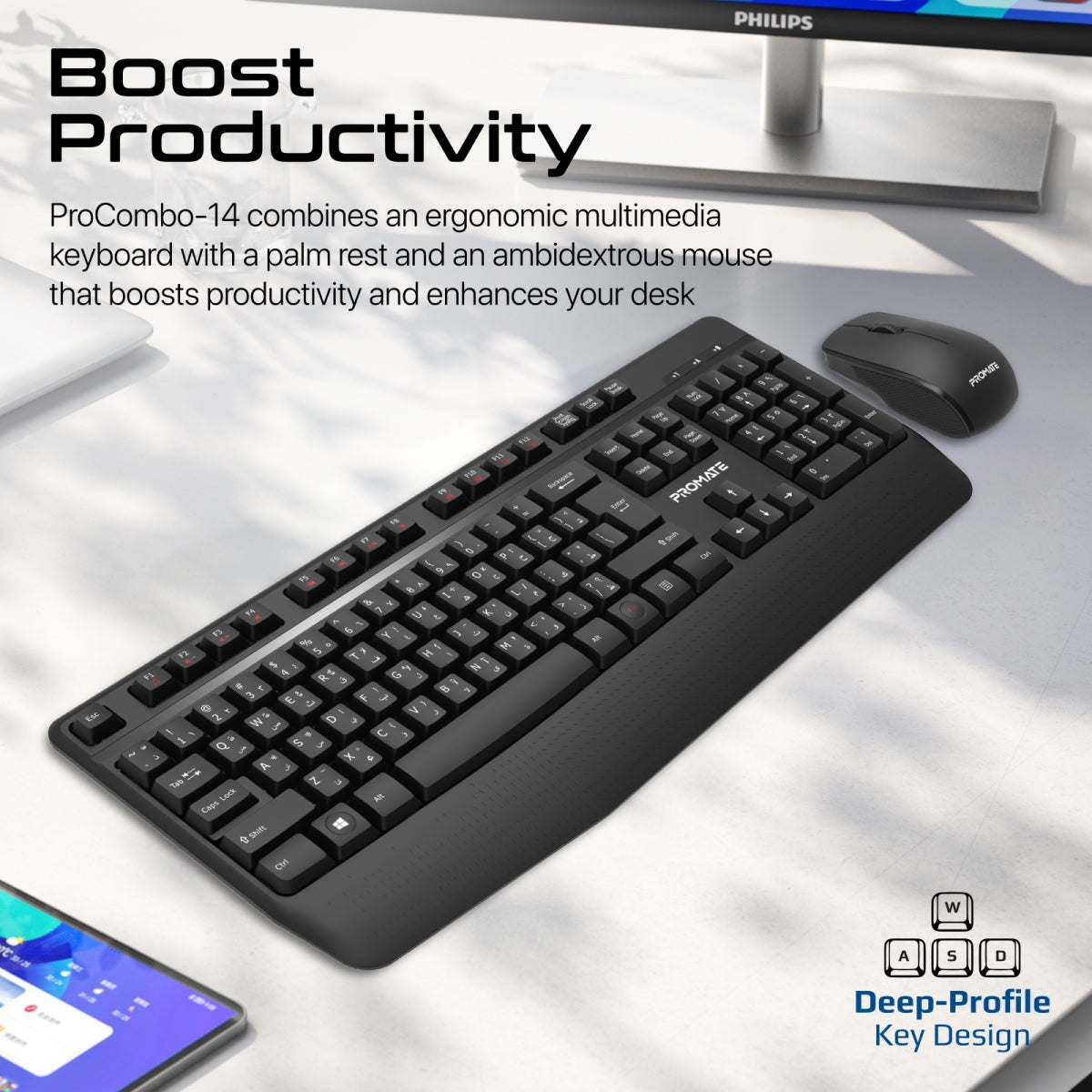 Ergonomic Wireless Multimedia Keyboard with Palm Rest and Ambidextrous Mouse