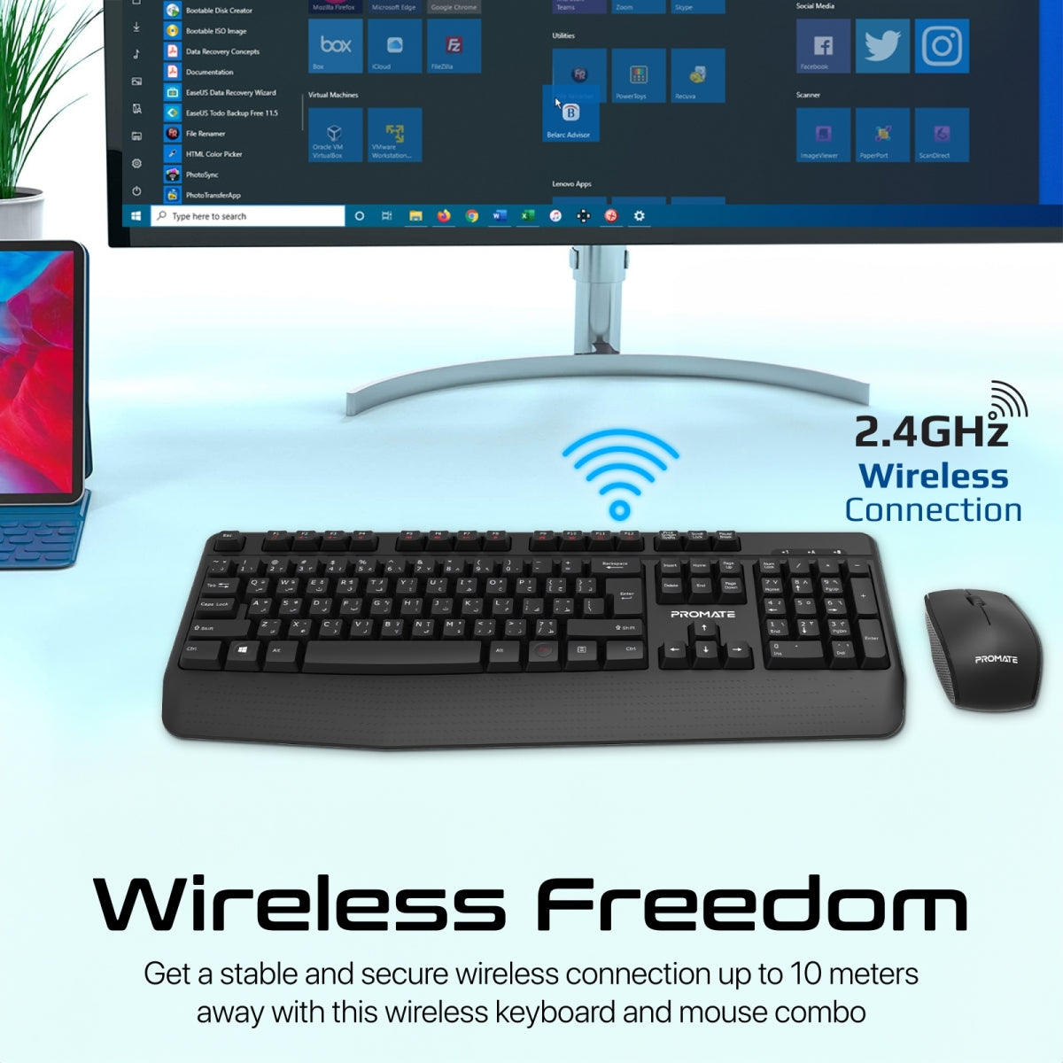 Ergonomic Wireless Multimedia Keyboard with Palm Rest and Ambidextrous Mouse