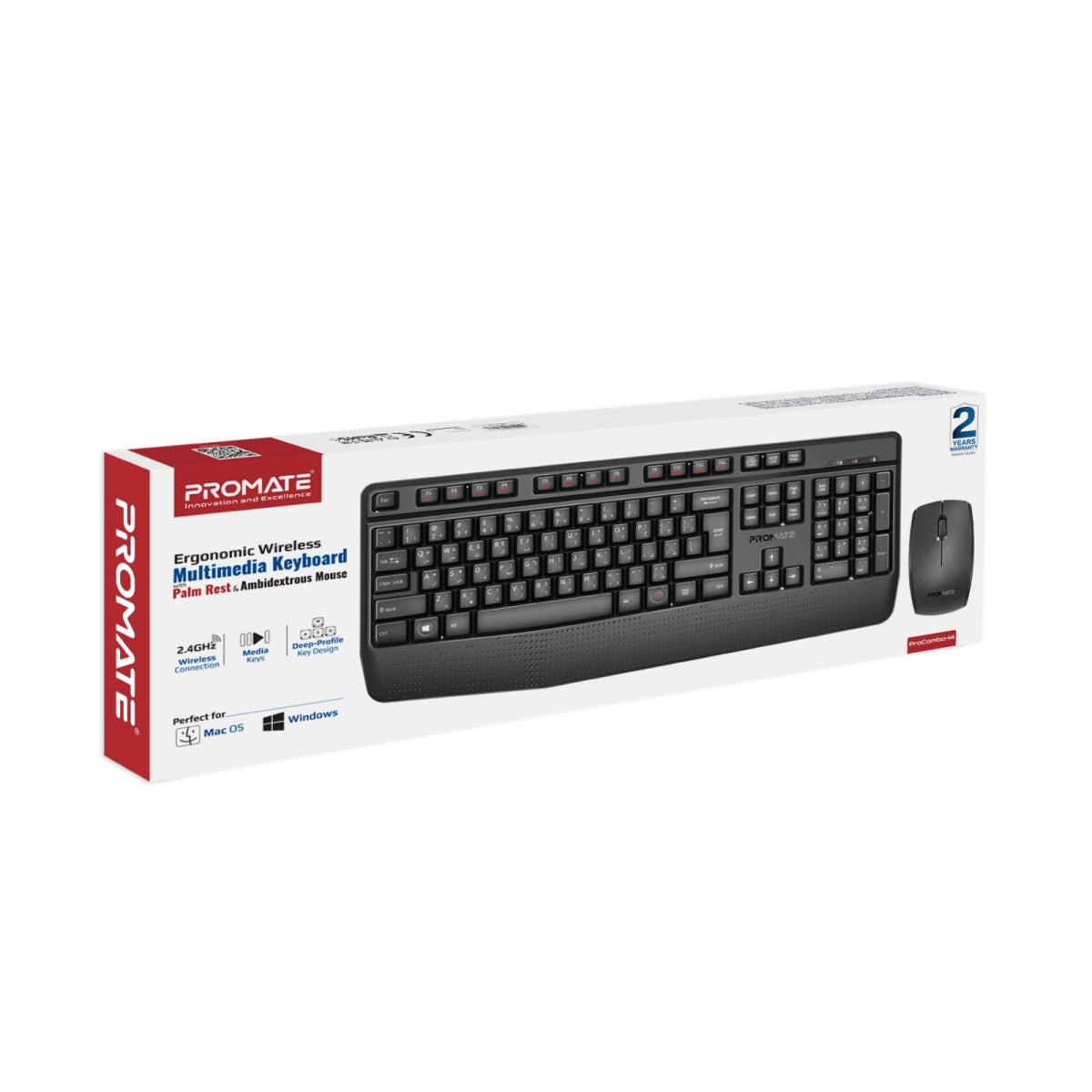 Ergonomic Wireless Multimedia Keyboard with Palm Rest and Ambidextrous Mouse