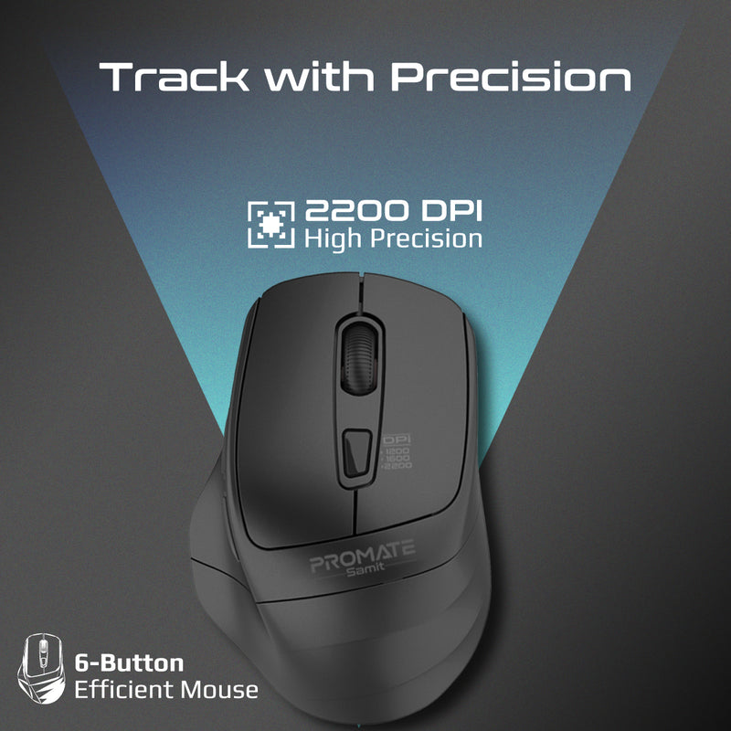 Promate Technologies - 2.4GHz Ergonomic 2200 DPI Silent Click Wireless Mouse